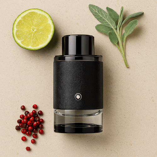 Montblanc explorer bottle surrounded by it's notes Bergamot, Pink Pepper and Clary Sage